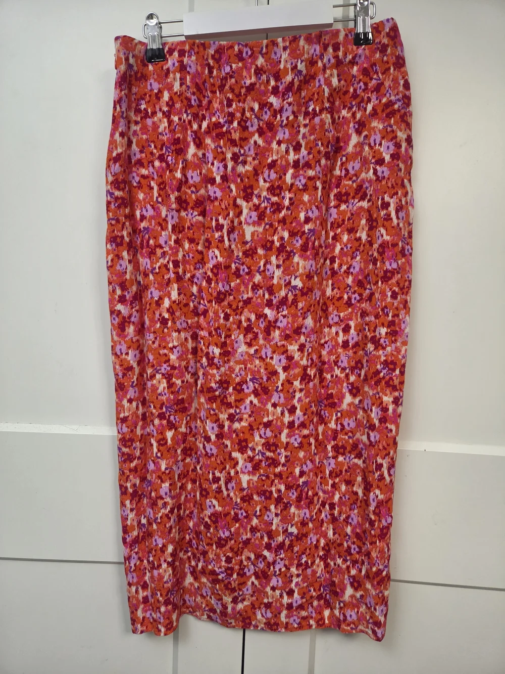 H&M Pink and Orange Floral Midi Skirt Set with Puff Sleeve Crop Top